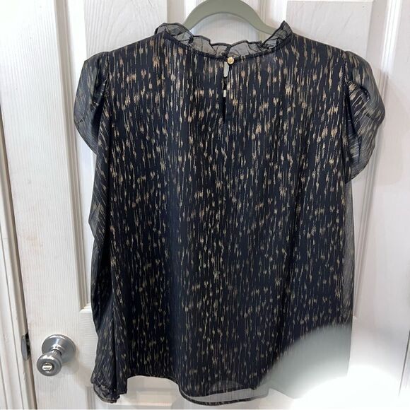 DKNY Long Sleeve Ruffle Black & Gold Blouse size Large w keyhole button closure - Picture 11 of 11